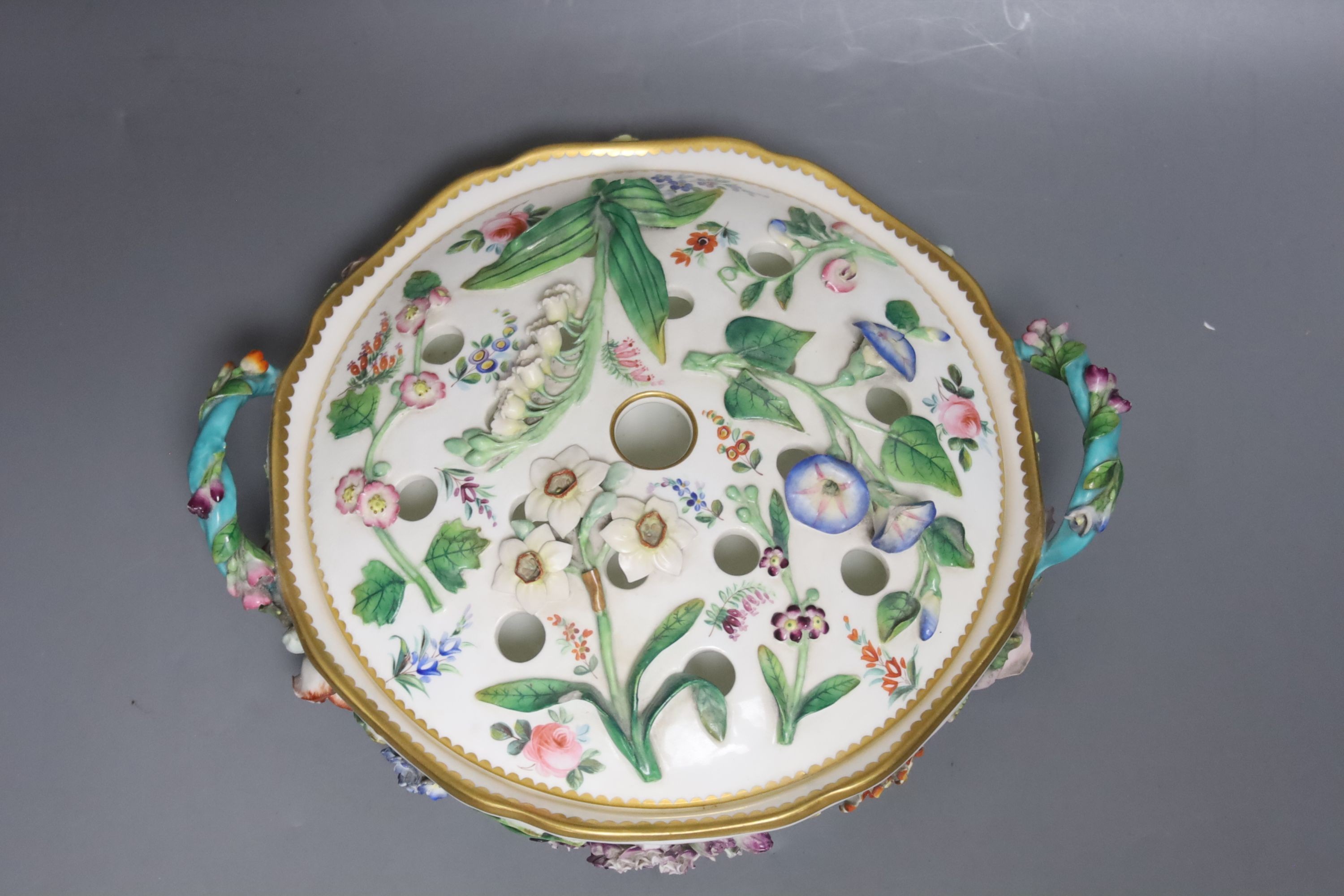 A Minton porcelain floral encrusted lidded pot pourri, mid 19th century, unmarked, 25cm wide